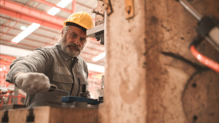 Senior experienced technician checking and maintenance a large machine in metal sheet factoryの写真素材