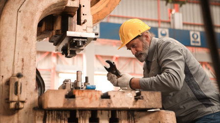 Senior experienced technician checking and maintenance a large machine in metal sheet factoryの写真素材