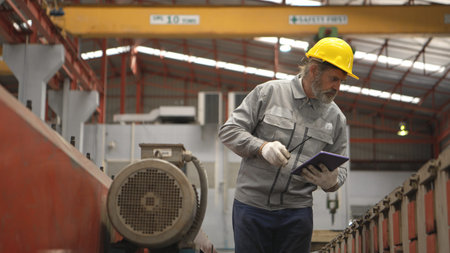Senior experienced technician checking large machine on a production line at an industrial factory