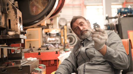 Senior experienced technician checking and maintenance a large machine in metal sheet factoryの写真素材