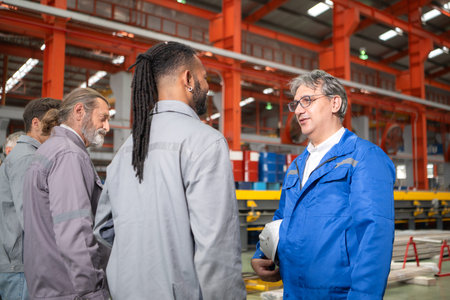 Group of Industrial worker inspecting inside a large metal tube in a factory wearing safety helmetの写真素材