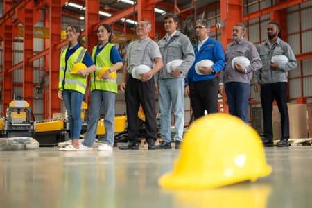 Group of Industrial worker inspecting inside a large metal tube in a factory wearing safety helmet