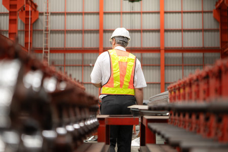 Senior experienced technician checking large machine on a production line at an industrial factory