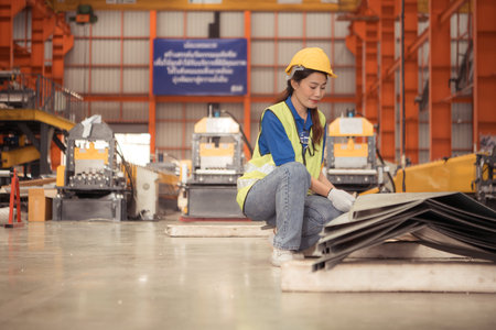 Young female workers are talking and inspecting steel plates for multipurpose forming before they...
