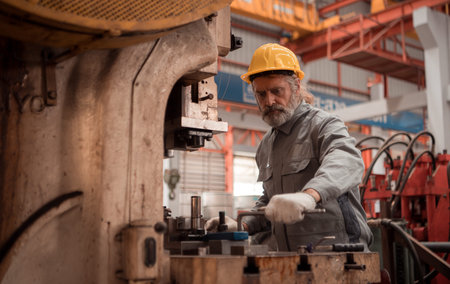 Senior experienced technician checking and maintenance a large machine in metal sheet factoryの写真素材