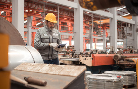 Senior experienced technician checking large machine on a production line at an industrial factoryの写真素材