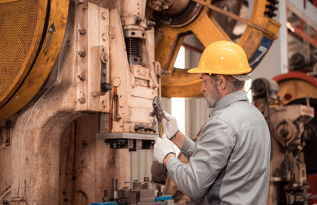 Senior experienced technician checking and maintenance a large machine in metal sheet factoryの写真素材