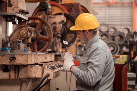 Senior experienced technician checking and maintenance a large machine in metal sheet factory