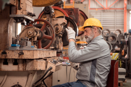 Senior experienced technician checking and maintenance a large machine in metal sheet factory