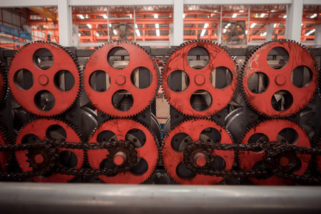 The large machine gears on a production line at an industrial factory