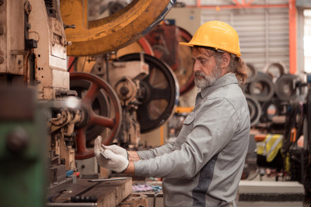 Senior experienced technician checking and maintenance a large machine in metal sheet factoryの写真素材