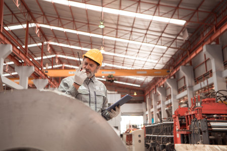 Senior experienced technician checking large machine on a production line at an industrial factory