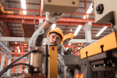 Senior experienced technician checking and maintenance a large machine in metal sheet factory