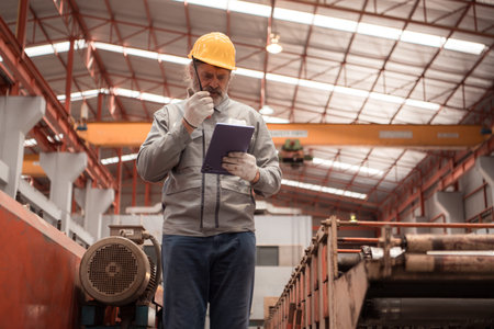 Senior experienced technician checking large machine gears on a production line at an industrial factoryの写真素材