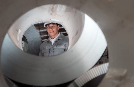 Industrial worker inspecting inside a large metal tube in a factory wearing safety helmet and gloves