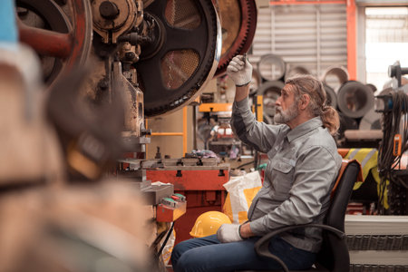 Senior experienced technician checking and maintenance a large machine in metal sheet factory