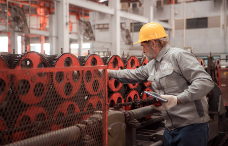 Senior experienced technician checking large machine gears on a production line at an industrial factoryの写真素材
