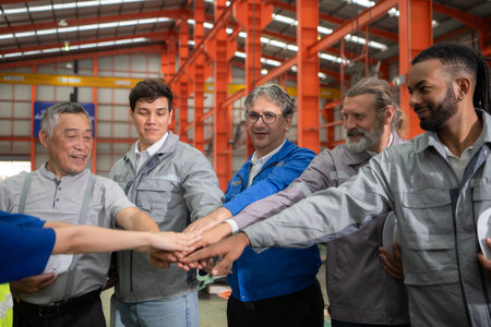 Group of workers joining hands in a factory