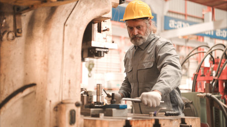 Senior experienced technician checking and maintenance a large machine in metal sheet factoryの写真素材