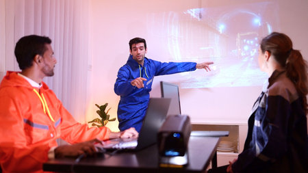 Engineers and industrial workers in safety uniforms discussing a tunnel construction project in a...