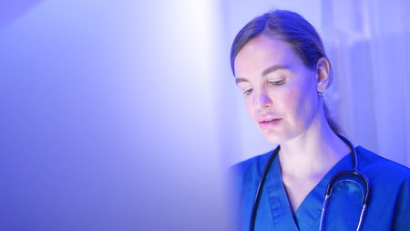 The tired eyes of doctors and medical professionals staring at computer screens to find a way to treat a patientの写真素材