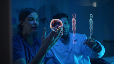Doctors and medical professionals discuss preparing for physical and brain with futuristic hologram...