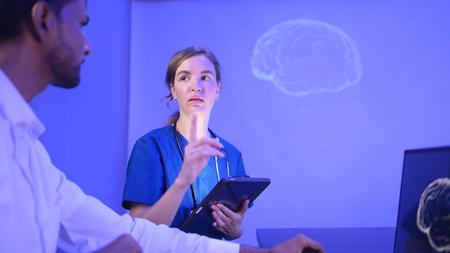 Doctors and medical professionals discuss preparing for physical and brain with futuristic hologram...