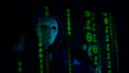 Anonymous hacker wearing a mask and hoodie interacting with digital data in a dark room,...