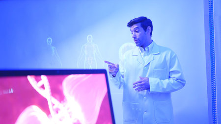 Doctors and medical professionals discuss preparing for physical and brain with futuristic hologram...