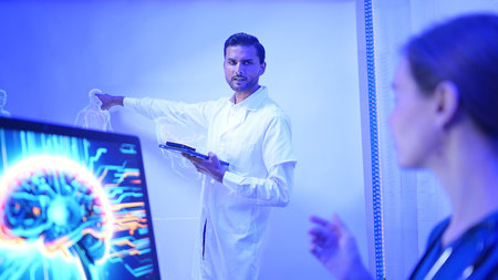 Doctors and medical professionals discuss preparing for physical and brain with futuristic hologram...