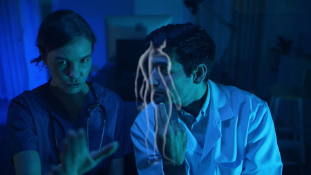 Doctors and medical professionals discuss preparing for physical and brain with futuristic hologram...