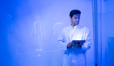 Doctors and medical professionals discuss preparing for physical and brain with futuristic hologram...