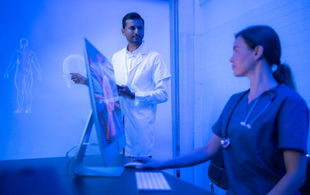 Doctors and medical professionals discuss preparing for physical and brain with futuristic hologram...