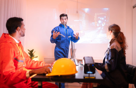 Engineers and industrial workers in safety uniforms discussing a tunnel construction project in a...