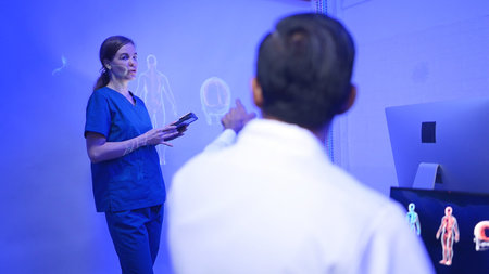 Doctors and medical professionals discuss preparing for physical and brain with futuristic hologram...