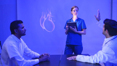 Doctors and medical professionals discussing heart health with futuristic hologram technology in a modern hospital settingの写真素材