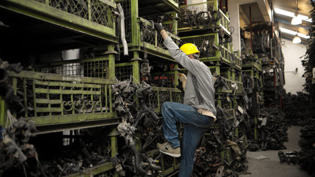 A factory worker wearing a safety helmet inspecting used car parts in an auto parts warehouse