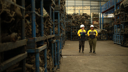 Two female engineers wearing safety gear inspecting car parts inventory in an industrial warehouse