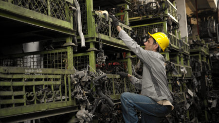 A factory worker wearing a safety helmet inspecting used car parts in an auto parts warehouse