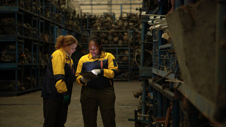 Two female engineers wearing safety gear inspecting car parts inventory in an industrial warehouse
