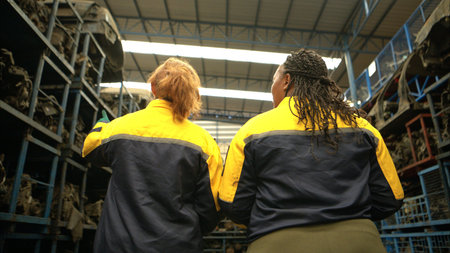 Two female engineers wearing safety gear inspecting car parts inventory in an industrial warehouseの写真素材