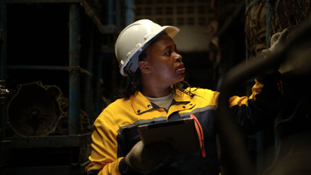 Female engineers wearing safety helmet gear inspecting car parts inventory in an industrial...