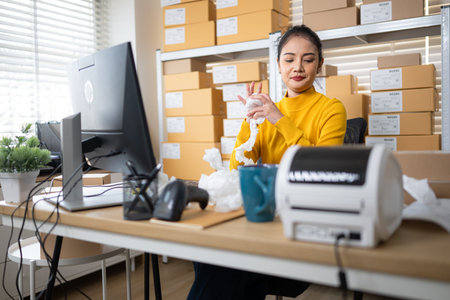 Label printer malfunction on work desk while stressed warehouse owner faces business problems and...