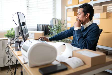 Warehouse manager analyzing data on desktop computer, planning inventory and business operations in...