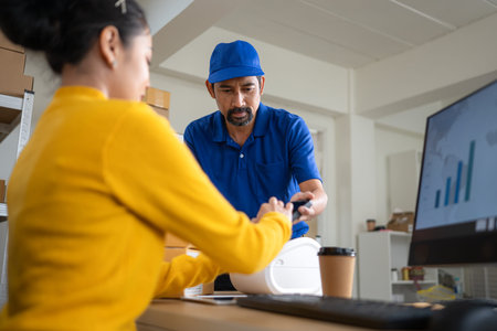 A female warehouse worker is receiving packages and verifying shipping information with a delivery...