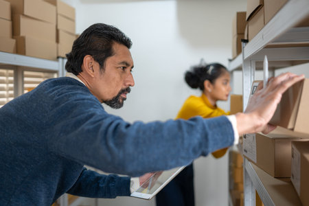 Warehouse workers checking inventory on shelves using tablet, ensuring stock accuracy and efficient...