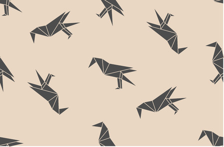 Vector seamless pattern with japanese origami black linear raven birds silhouettes. Can be used for web page backgrounds, surface textures, background on business cards or poster, wallpapers, print on textiles.のイラスト素材