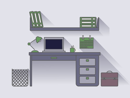 Working computer desk, laptop, lamp, computer chair, vector linear illustration with long shadowのイラスト素材