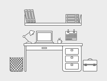Working computer desk, laptop, lamp, computer, vector illustration linearのイラスト素材