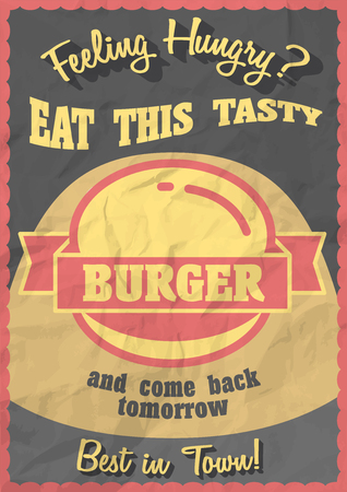 Hot, tasty, delicious burger. Promotional retro poster design with  Vintage style hamburger sign on crumpled paper background.のイラスト素材